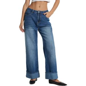 D-Sun Women Wide Leg Jeans Baggy High Rise Cuffed Jeans Casual Trendy Loose Denim Pants (Blue, 28)