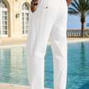 Linen Pants Men Casual Elastic Waist Drawstring Loose Straight with 4 Pockets (White, XL)