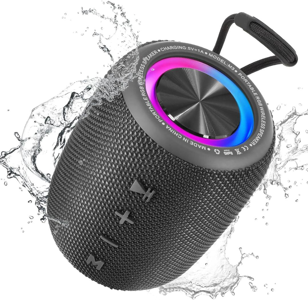 Portable Bluetooth Speaker, BT5.3 Wireless Speaker 20W Bass Diaphragms with Multi LED Light Dynamic Modes, IPX6 Waterproof 16H Playtime supports FM Mode, TF, USB for Home, Cycling, Outdoor, Beach (Black)