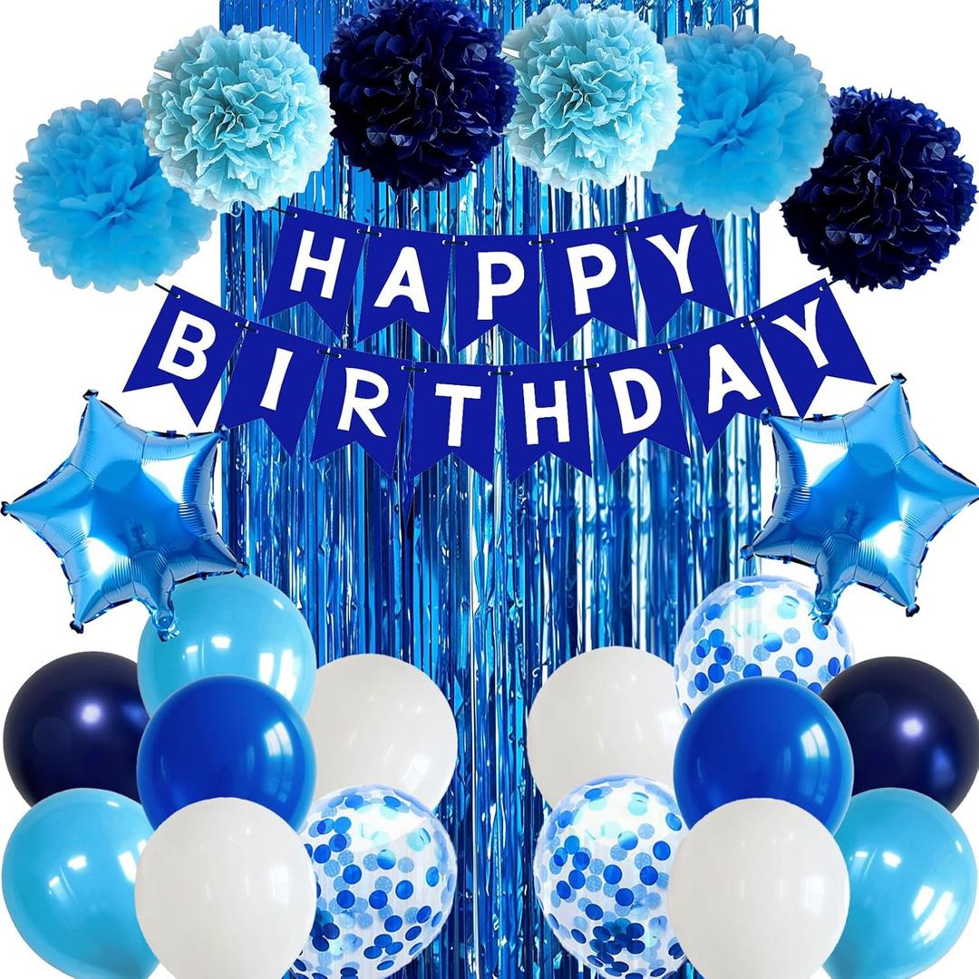 2 x Blue Birthday Decorations for Boys Men Happy Birthday Banner Balloons Navy Royal Light Blue Pom Poms Foil Curtain Dcor Royal Blue Birthday Decorations for Men Boy
