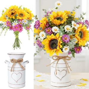 Sunflower Table Centerpieces in Galvanized Metal Milk Can Vase Include 5 Fake Sun Flower Bouquet 3 Leaves Brunches 1 Vintage Bucket for Spring Home Farmhouse Kitchen Wedding Party Decoration