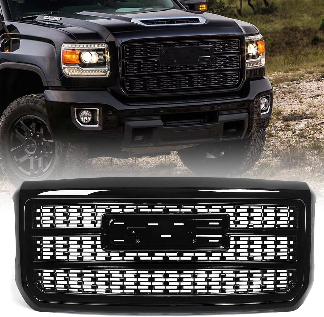 Grille Compatible with GMC Sierra 2500HD 3500HD 2015 2016 2017 2018 2019 Hood Mesh Front Bumper Upper Grill 84542600 Black