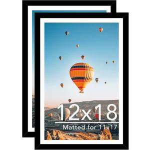 JCJMY 12x18 Picture Frame Set of 2 with 11x17 Mat, Display Photo 11x17 with Mat or 12 x 18 Without Mat, Wall Hanging Large 12 by 18 Poster Frame with Plexiglass, 2 Pack, Black