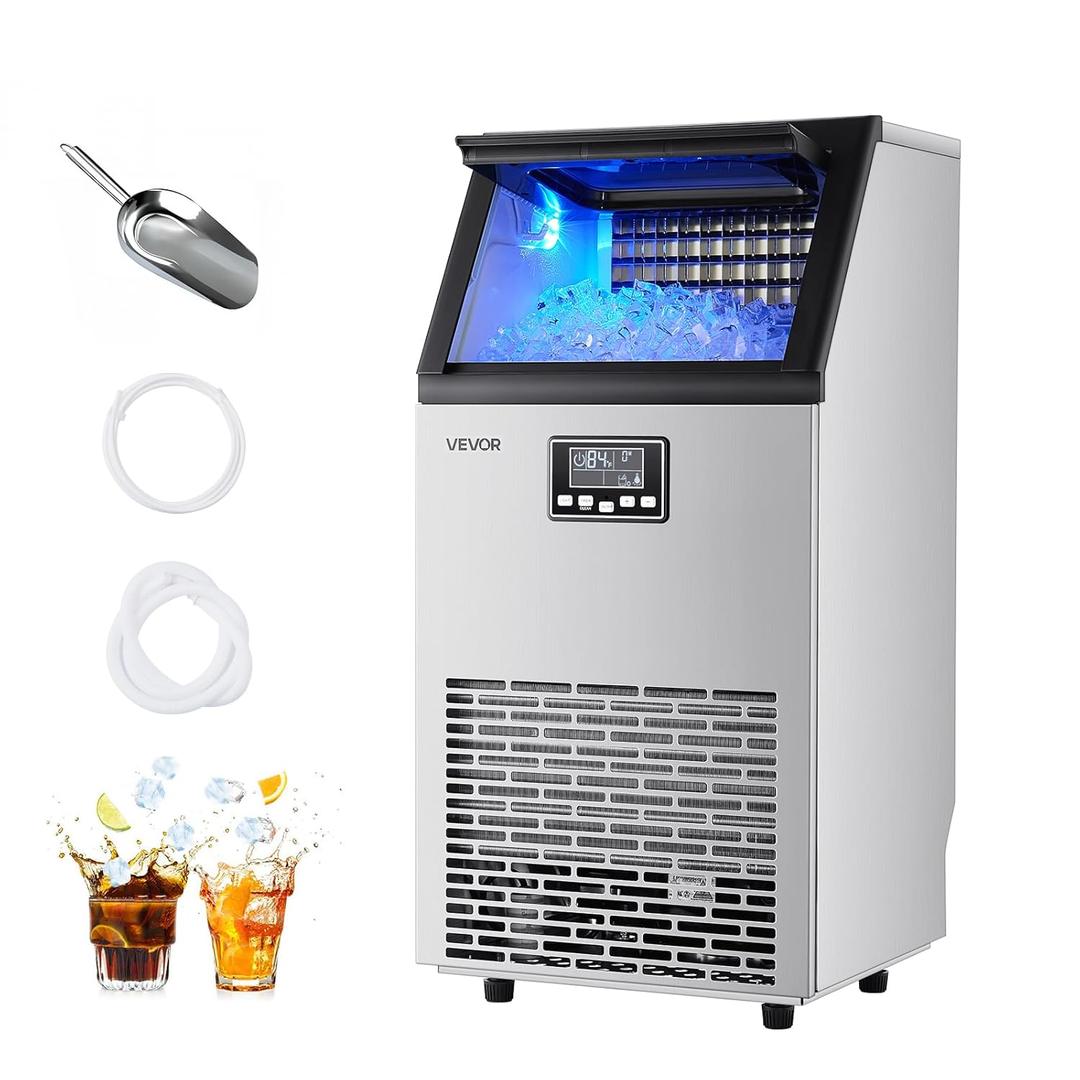 VEVOR Commercial Ice Maker Machine, 100 lbs/24h with 28Lbs Storage, 45 Cubes per Cycle, Stainless Steel Freestanding & Under Counter Ice Maker with LED Display & Self-Cleaning, for Home Bar Restaurant