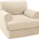 Turquoize T Cushion Chair Slipcover Armchair Slipcover for Living Room Stretch Sofa Couch Cover Soft Armchair Cover Furniture Covers with Individual T Cushion Seat Covers (Chair, Biscotti Beige)