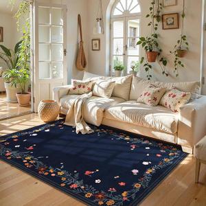 Beeiva Floral 8x10  Rug for Living Room, Soft Washable Area Rug Non-Slip Boho Room Carpet, Ultra-Thin Distressed Carpet for Bedroom Office Dorm Border (Navy, 8'x10' ) Beeiva Floral 8x10  Rug for Living Room, Soft Washable Area Rug Non-Slip Boho Room Carpet, Ultra-Thin Distressed Carpet for Bedroom Office Dorm Border (Navy, 8'x10' )