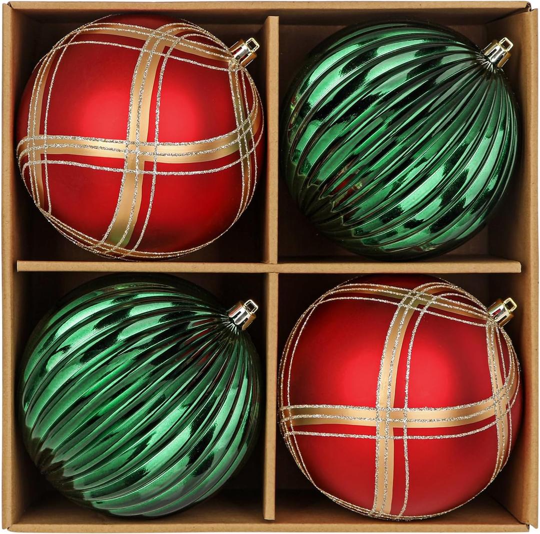 4.7" Large Plastic Christmas Balls Ornaments Set of 4, Glitter Shatterproof Christmas Bulbs Ornaments for Xmas Tree Decorations, Red and Green Ornament for Tree, Mantel, Garland, Winter, Holiday Decor