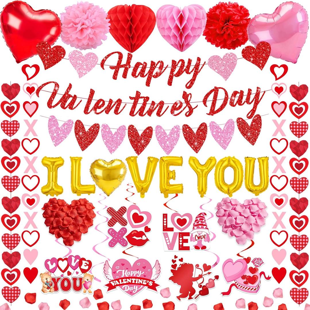 Valentines Day Decorations for Party Set Happy Valentines Day Banner Heart Valentine Garland Banner Red Pink Heart Honeycombs 1000Pcs Plastic Petals Hanging Swirls Valentines Day Balloons