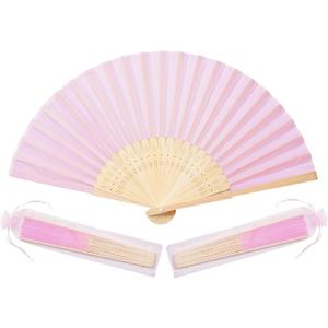 50pcs pink Imitated Silk Fabric Bamboo Folded Hand Fan Bridal Dancing Props Church Wedding party favors with Organza Bags