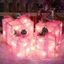 Set of 4 Pink Christmas Lighted Gift Boxes, Pre-lit Light up Present Set with Different Sizes for Holiday Indoor Outdoor Decorations - Battery Operated (Pink)