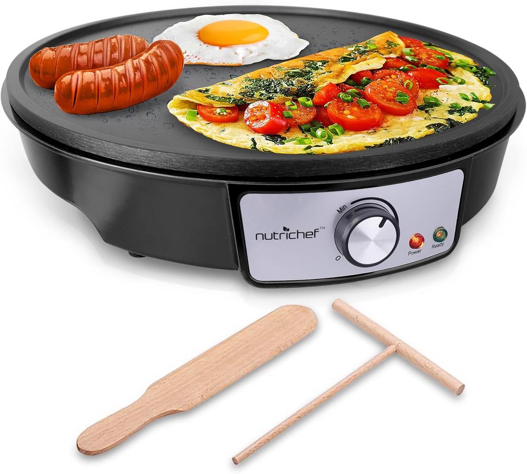 NutriChef Electric Griddle & Crepe Maker | Nonstick 12 Inch Hot Plate Cooktop | Adjustable Temperature Control | Batter Spreader & Wooden Spatula | Used Also For Pancakes, Blintzes & Eggs (One Size)