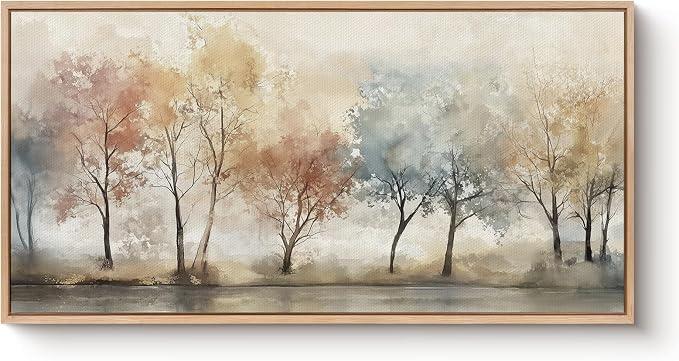 Bzstyleart Large Wood Framed Fall Wall Art Watercolor Trees Print Abstract Autumn Landscape Painting Canvas Forest Farmhouse Picture Aesthetic Room Decor Countryside Wall Decor for Living Room 20x40in