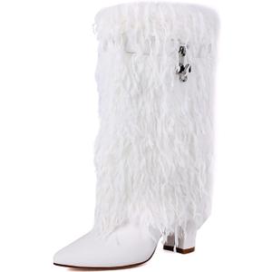 Women Fold Over Faux Fur Mid Calf Boots Chunky Heel Point Toe Shark Boot Fashion Pull On Short Booties with Padlock, US8.5