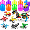 12 Pack 3" Large Filled Easter Eggs with Stem Toy Cars Kids Easter Basket Essential Plastic Surprise Egg Building Blocks 6 in 1 Transform Construction Vehicle Basket Stuffers Boy Egg Hunt Party Favor
