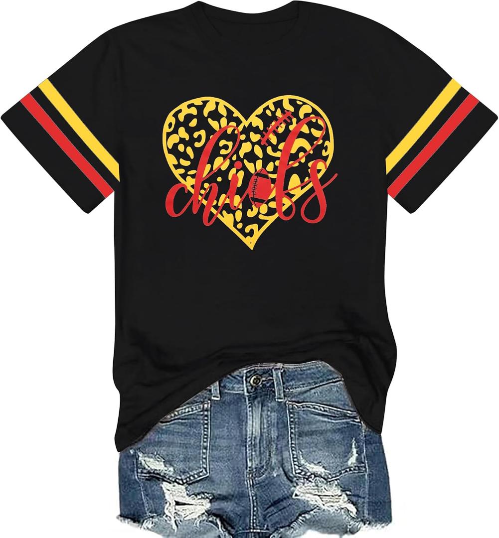 Game Day Shirt Women: Team Fan T-Shirt Cute Football Heart Graphic Tees Casual Season Short Sleeve Tops (Black, XXL)