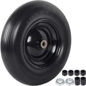 4.80/4.00-8" Flat Free Tire and Wheel - 16 Inch Solid Rubber Wheelbarrow Tires with 5/8" and 3/4" Ball Bearings, 3" Centered Hub (Extra Adapter kit includes Bearing, 1" and 1/2" Nylon Spacers)