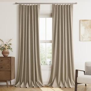 Khaki Linen Blackout Curtains 96 Inch Length 2 Panels Set for Living Room Bedroom, Pinch Pleated Thermal Insulated 100% Black Out Curtains with Hooks, Room Darkening Back Tab Drapes