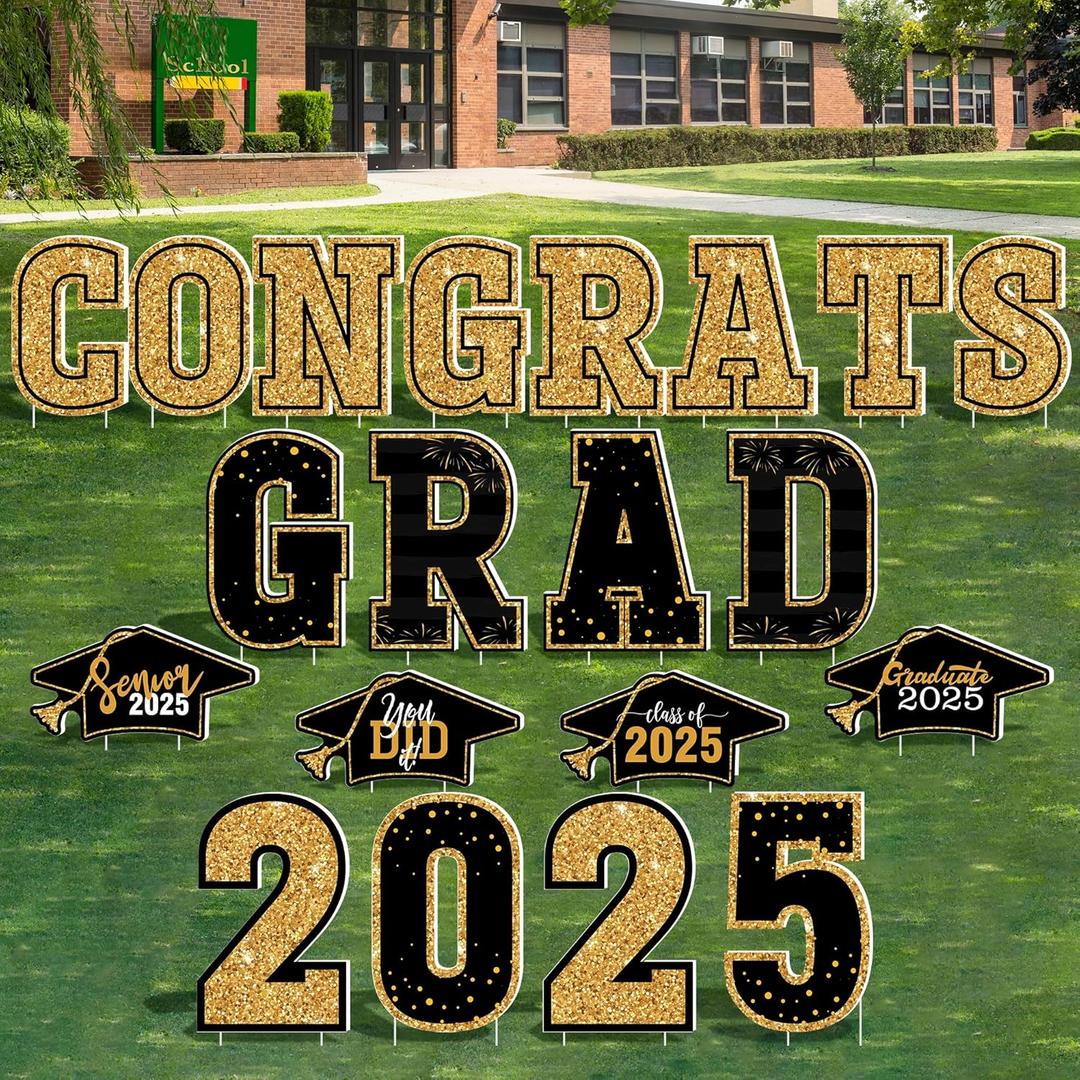 Graduation Yard Signs, 20 PCS Black Gold Congrats Grad Lawn Stakes, Class of 2025 Yard Signs with Stakes, Graduation Party Decorations Outdoor, Waterproof GRAD Yard Decor for College High School Graduation Yard Signs, 20 PCS Black Gold Congrats Grad Lawn Stakes, Class of 2025 Yard Signs with Stakes, Graduation Party Decorations Outdoor, Waterproof GRAD Yard Decor for College High School