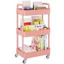 UDEAR 3-Tier Rolling Utility Cart with 12 Category Labels,Multifunctional Comagtable Rolling Shelving with Handle and Lockable Wheels for Room, Office, Kitchen, Bathroom, Pink
