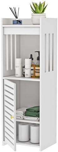 POBOMULI Small Bathroom Storage Cabinet, 4-Tier Narrow Bath Organizers with Door and Open Shelf for Toilet Bathroom Small Spaces, White