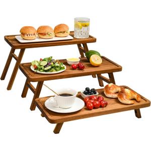 GEHE 3 Tier Serving Stand, Acacia Wood Dessert Table Display Cupcake Stand, Rustic Foldable 3-Tiered Serving Trays & Platters, Large Charcuterie Board for Birthday Wedding Bridal Shower Tea Party, 17"L x 8"W x 0.9"H