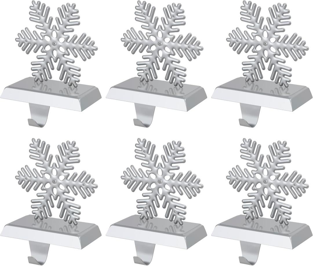 OCTERIC 6 Pcs Christmas Snowflake Stocking Holders, Snowflake with Diamond Stocking Hanger Mantel Weighted Heavy Metal Stocking Hook Stand with Non-Slip Strips for Tables Window Fireplace Home Décor