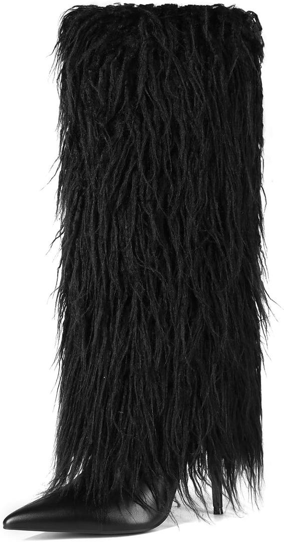 Women's Fur Knee High Boots Female Stiletto Heel Furry Side Zipper Pointed Toe Black Clubwear Party Evening Tall Boots Size 8.5