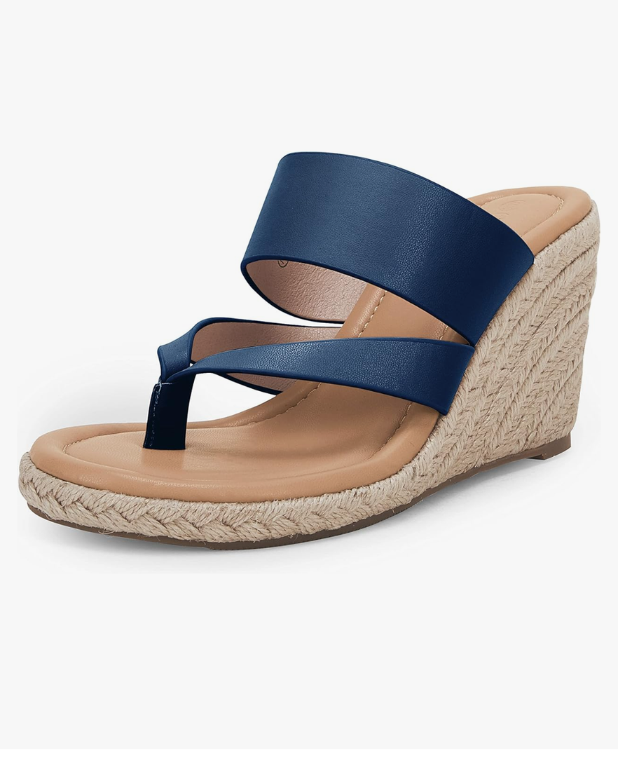 Coutgo Women's Espadrille Wedge Sandals Platform Thong Leather Strap Slides Backless Slip On Summer Casual Flip Flops 7.5