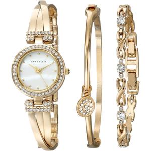 Anne Klein Women's Premium Crystal Accented Bangle Watch and Bracelet Set (Gold)