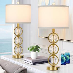 Set of 2 Modern Gold Table Lamps with 2 USB Charging Ports, 27 Tall Crystal Bedside Nightstand Lamp with White Fabric Shade, Glass Desk Lamp with Rotary Switch for Living Room Bedroom Office Study