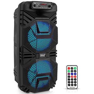Pyle Portable Bluetooth PA Speaker System, 600W Rechargeable Outdoor Bluetooth Speaker Portable PA System with Dual 8” Subwoofer 1” Tweeter, Microphone in, Party Lights, USB, Radio, Remote