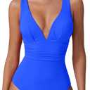 QINSEN Womens Sexy V Neck One Piece Bathing Suit Cross Back Swimsuit High Waist Monokini (Small, Sapphire Blue)