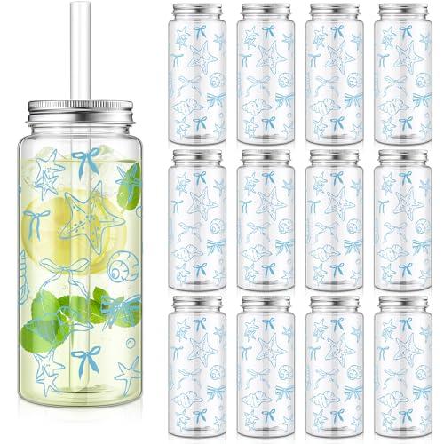 Vesici 12 Pack Beach Plastic Cups with Lid and Straw 13.5 oz Ocean Party Cup Clear Reusable Plastic Tumblers Bulk Blue Seashell Ocean Cold Drink Last Toast on The Coast for Summer Party Birthday