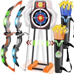 2 Pack Bow and Arrow Set with Moving Standing Target& 2 Colors 20 Suction Cup Arrows, Light Up Archery Toys for Kids age 412 Years Old Boys Girls Indoor and Outdoor, Birthday Gifts Christmas ideas
