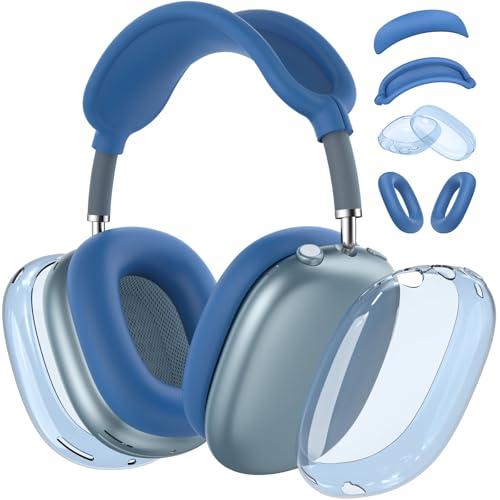 【4 in 1】 Protective Kit for AirPods Max Case Cover, Clear TPU Ear Cups Cover + Silicone Ear Pads Case + Headband Covers, Transparent Silicone Accessories for Apple AirPods Max USB-C (2024/2020), Blue