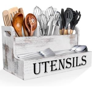 Suli Extra Large Kitchen Utensils Holder with 4 Compartments, White Wooden Utensil Organizer for Kitchen Countertop, Farmhouse Utensil Storage, Rustic Cooking Utensils - White Grain