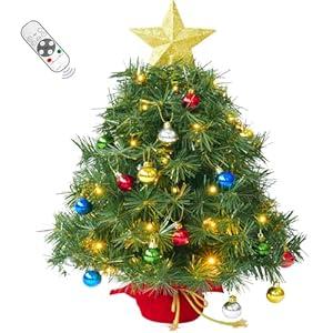 2FT Pre-lit Artificial Small Mini Christmas Tree with Warm White Multi-Color LED Lights, Remote Control and Timer, Perfect for Xmas Tabletop Decorations, Home, Kitchen, Dining Table top Balls