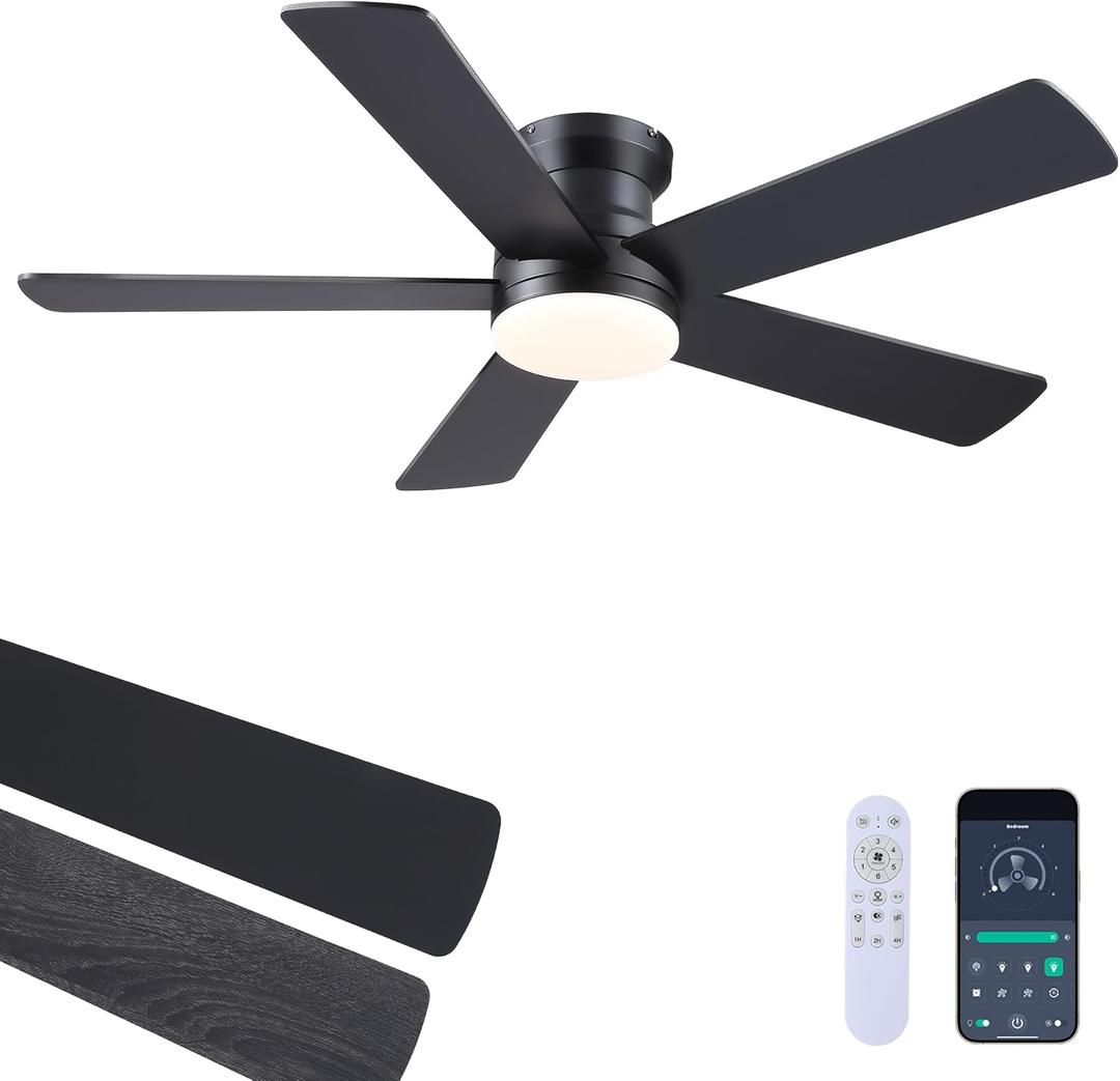 Ceiling Fans with Lights - 48" Black Flush Mount Ceiling Fan Light with 6 Speeds 3CCT Dimmable, Revesible Motor, Low Profile Fan Light for Modern Indoor Bedroom, Kitchen