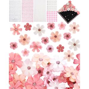 Giegxin DIY Graduation Cap Decorations Kit - 160 Mini Faux Flower Heads & 6 Pearl Rhinestone Stickers, Artificial Fabric Flowers for DIY Grad Hat Topper, Wedding Garland & Crafts(Pink Series)