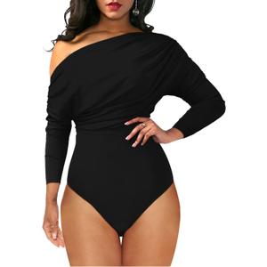 YMDUCH Women's Sexy Long Sleeve Off Shoulder Backless One Piece Bodysuit Top (Medium, Black)