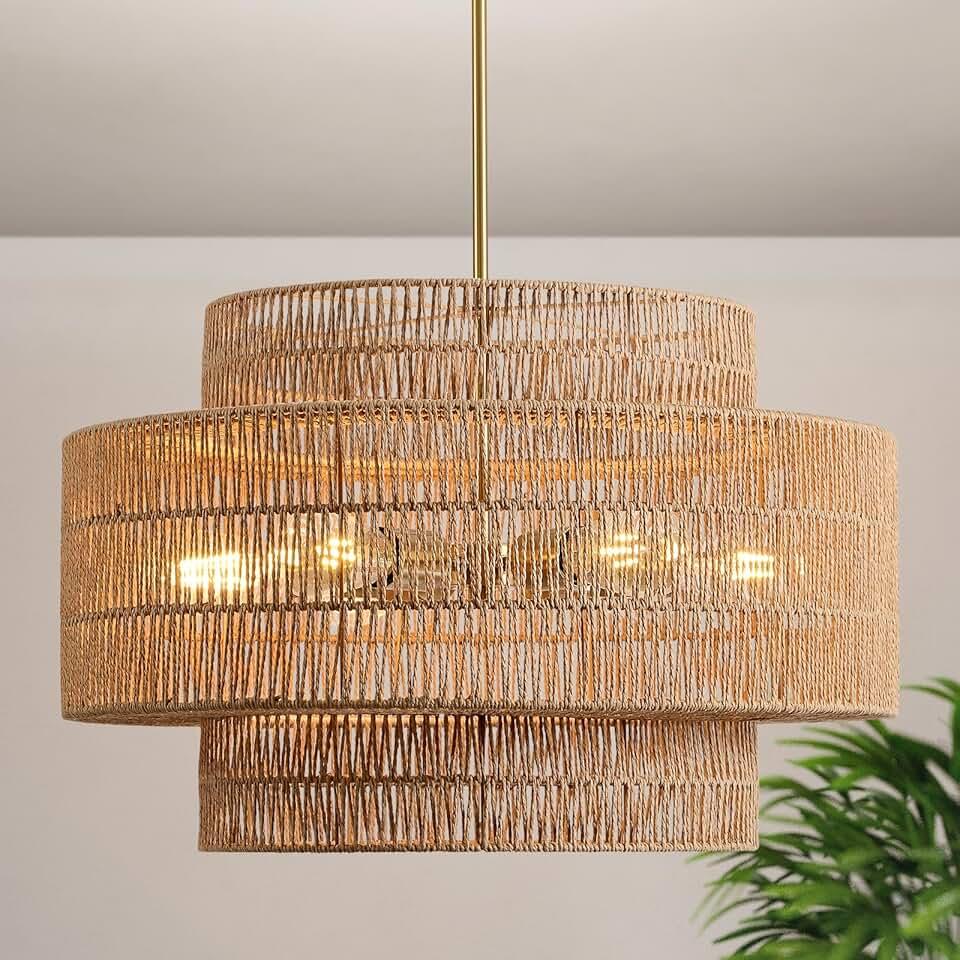 13 inch  Boho Large Rattan Chandelier Light Fixture,1 -Light Large Hand Woven Pendant Light Fixture Farmhouse Rustic Chandeliers for Kitchen Bedroom, Dining Room, Living Room, Hallway, Foyer