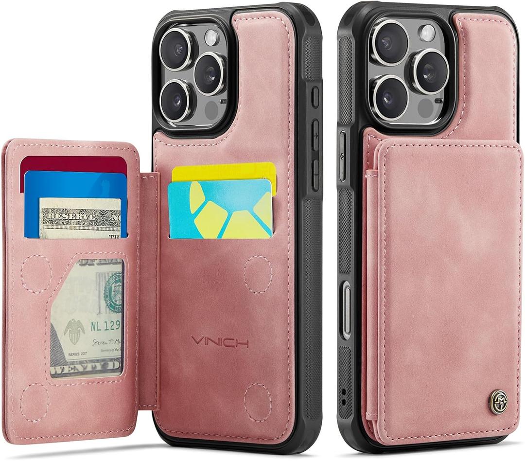 Vinich for iPhone 16 Pro Max Wallet Case with Card Holder, RFID Blocking Credit Slots Kickstand Shockproof Phone Cover Fit for iPhone 16 Pro Max 6.9" Rose Pink