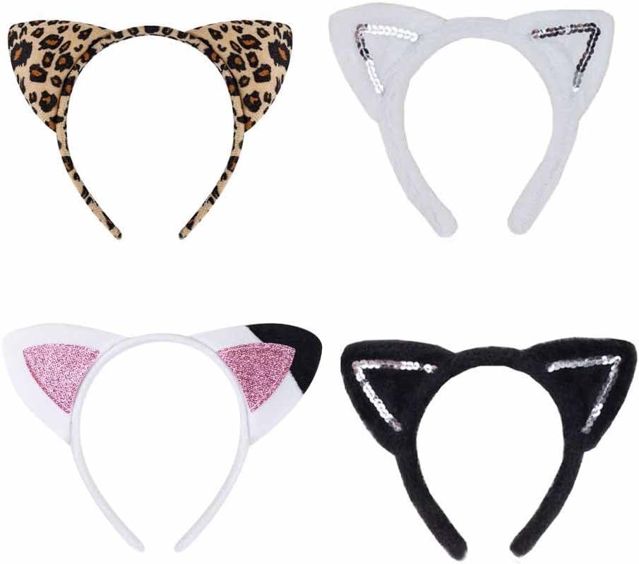 4Pcs Animal Ears Headbands White Black Pink Leopard Cats Headbands Party Theme Decorations