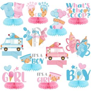 12 Pcs Ice Cream Gender Revel Decoration Honeycomb Centerpiece Whats the Scoop Gender Reveal Decorations Pink Blue He or She Table Topper Table Decor or Baby Shower Birthday Party Favors