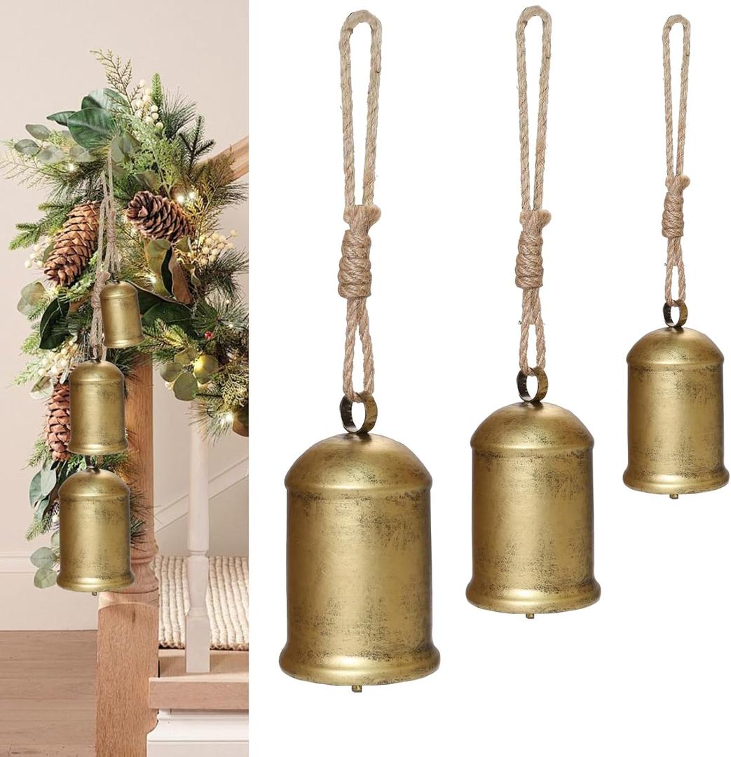 Set of 3 Christmas Bells for Decoration, 8in-6in-4in Cow Bells with Jute Hanging Rope, Metal Vintage Hanging Bells for Christmas Decor Wreath Garland Tree Doors Windows Rustic Home (Large)
