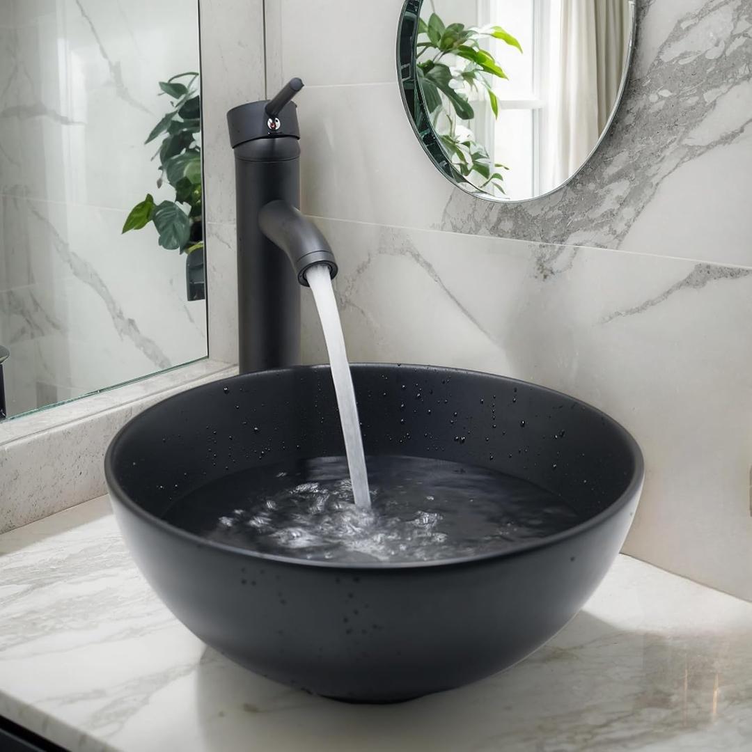 Black Bathroom Vessel Sink 13 Inch Round Top Mount Ceramic Sink with Faucet and Pop Up Drain Space Saving Design Bowl for Small Bathrooms