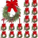 18 Pcs Small Christmas Wreaths Real Touch 9.8 Inch Mini Kitchen Cabinet Wreaths with Bow Ribbon, Artificial Cedar Greenery & Berries for Xmas Front Door Window Fireplace Farmhouse Holiday Decoration