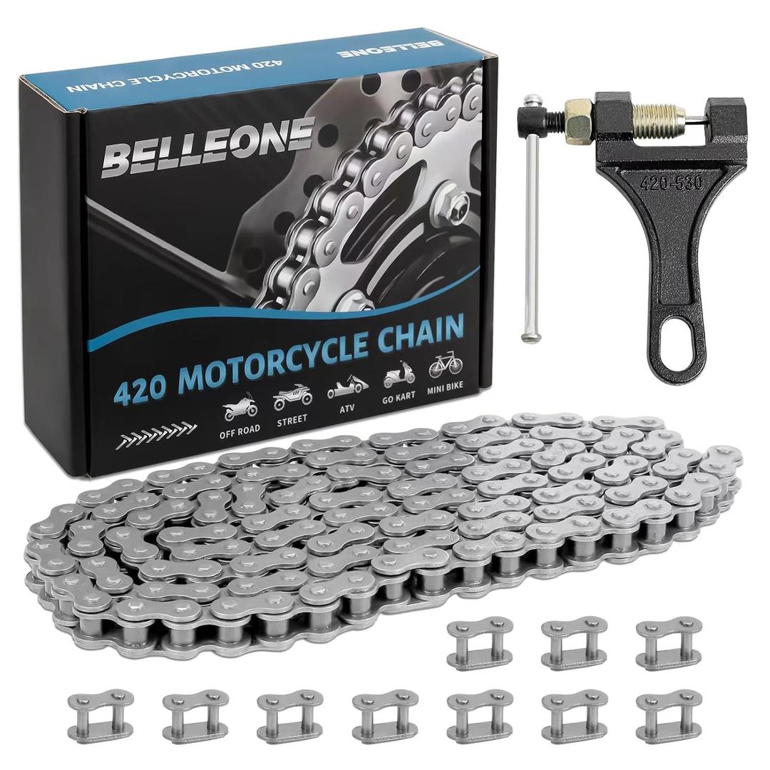 420 Motorcycle Chain - 420 Standard Roller Chain 132 Link + Chain Breaker Fits for 50 70 90 110cc 125cc Pit Dirt Bike ATV Quad Go Kart Scooter Mini Bike Parts with 10 Free Master Links