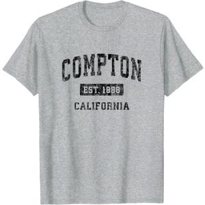 Compton California CA Vintage Sports Design Black Design T-Shirt (Small, Grey)