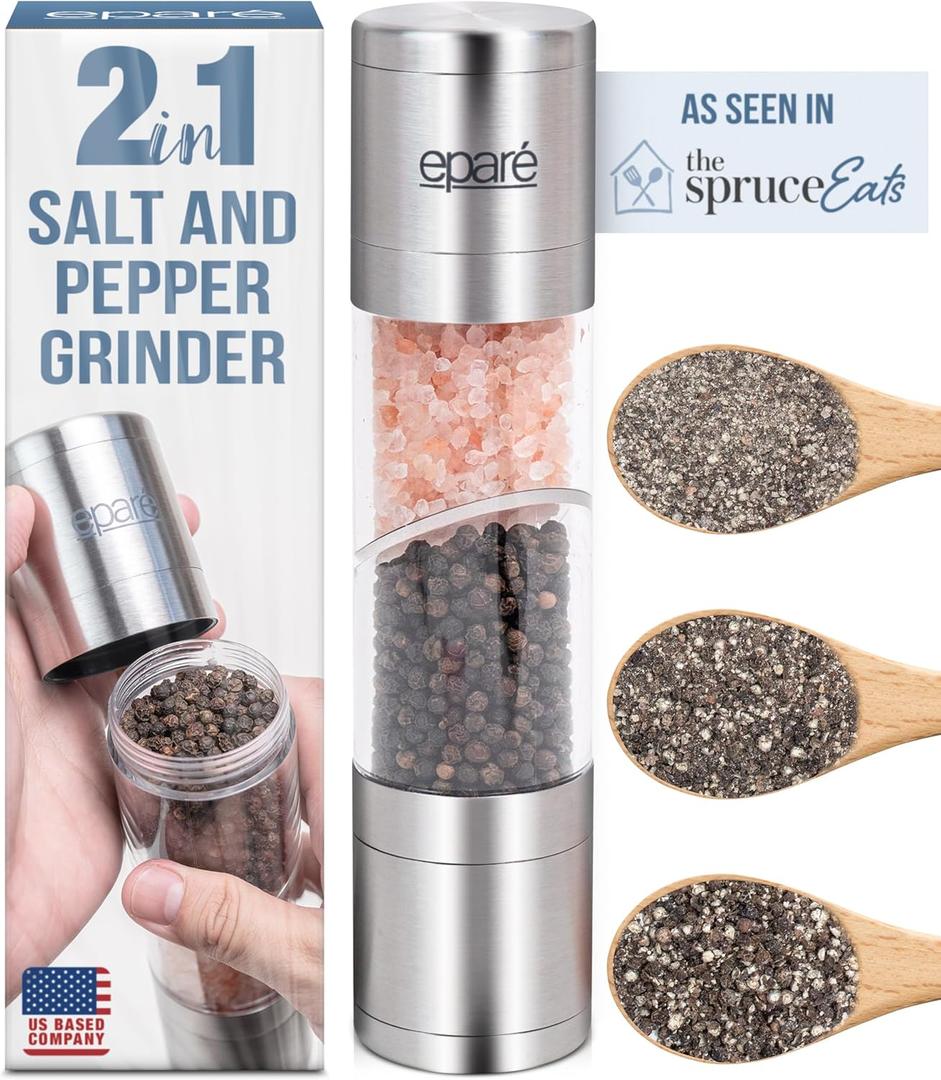 Eparé 2 in 1 Salt and Pepper Grinder Combo – Manual Dual Salt and Pepper Grinder in One for Kitchen Use – Stainless Steel Himalayan Salt Grinder Refillable All-in-One